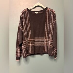 Garnet Hill Brown Merino Wool/Hemp Cozy Crewneck Sweater with Tan Plaid Sz M